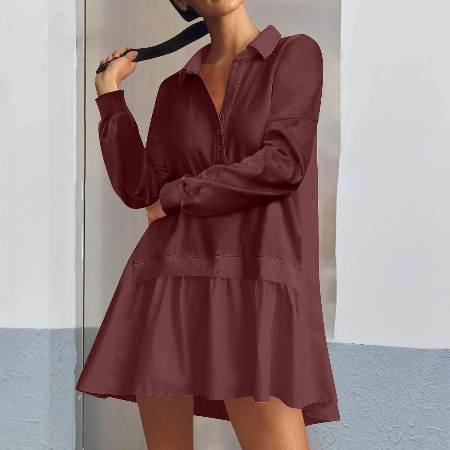 Long Sleeve Dresses for Women 2024 Sexy V Neck Solid Ruffle Mini Dress Causal Pleated Pullover Mini Dress Fall Outfit