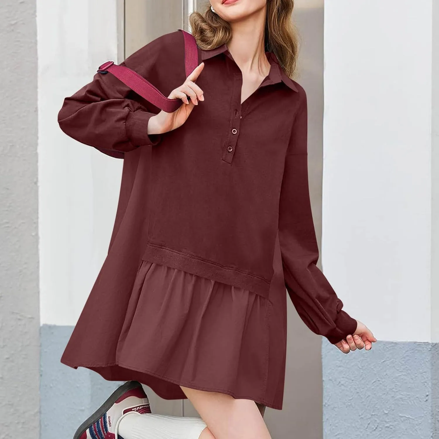 Long Sleeve Dresses for Women 2024 Sexy V Neck Solid Ruffle Mini Dress Causal Pleated Pullover Mini Dress Fall Outfit