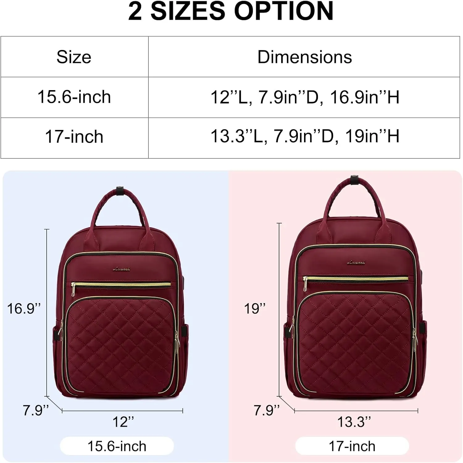 LOVEVOOK Laptop Backpack for Women, 15.6 Inch, Wine, Stylish, Ample Space, Water Resistant, USB Charging, Quilted, Lightweight, Secure Laptop Storage, Guaranteed Quality