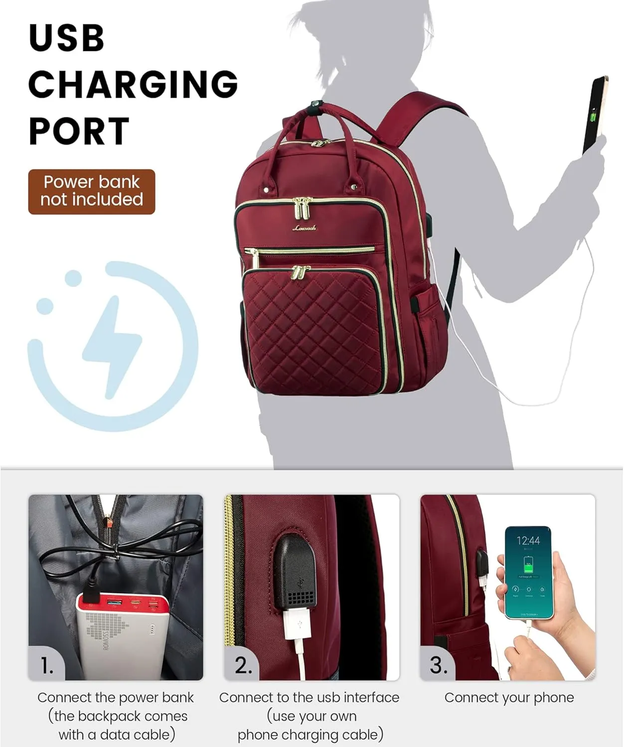 LOVEVOOK Laptop Backpack for Women, 15.6 Inch, Wine, Stylish, Ample Space, Water Resistant, USB Charging, Quilted, Lightweight, Secure Laptop Storage, Guaranteed Quality