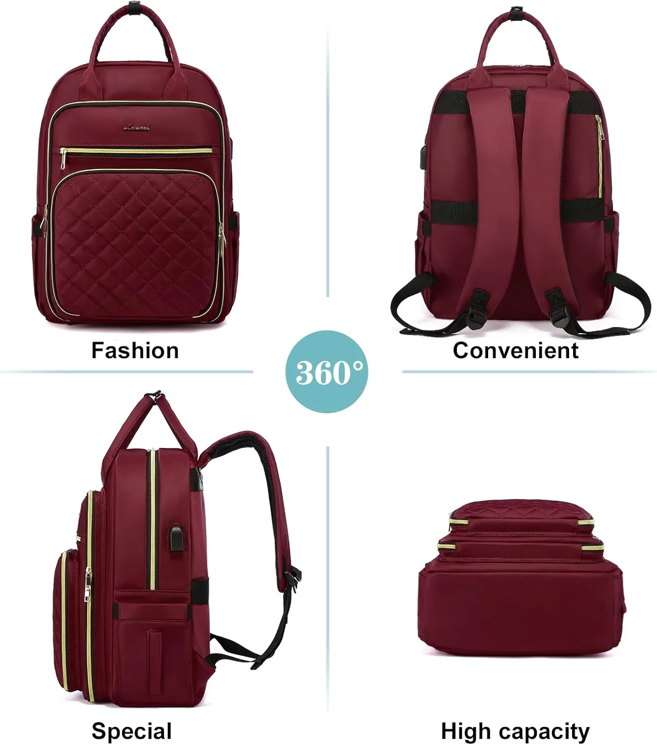 LOVEVOOK Laptop Backpack for Women, 15.6 Inch, Wine, Stylish, Ample Space, Water Resistant, USB Charging, Quilted, Lightweight, Secure Laptop Storage, Guaranteed Quality