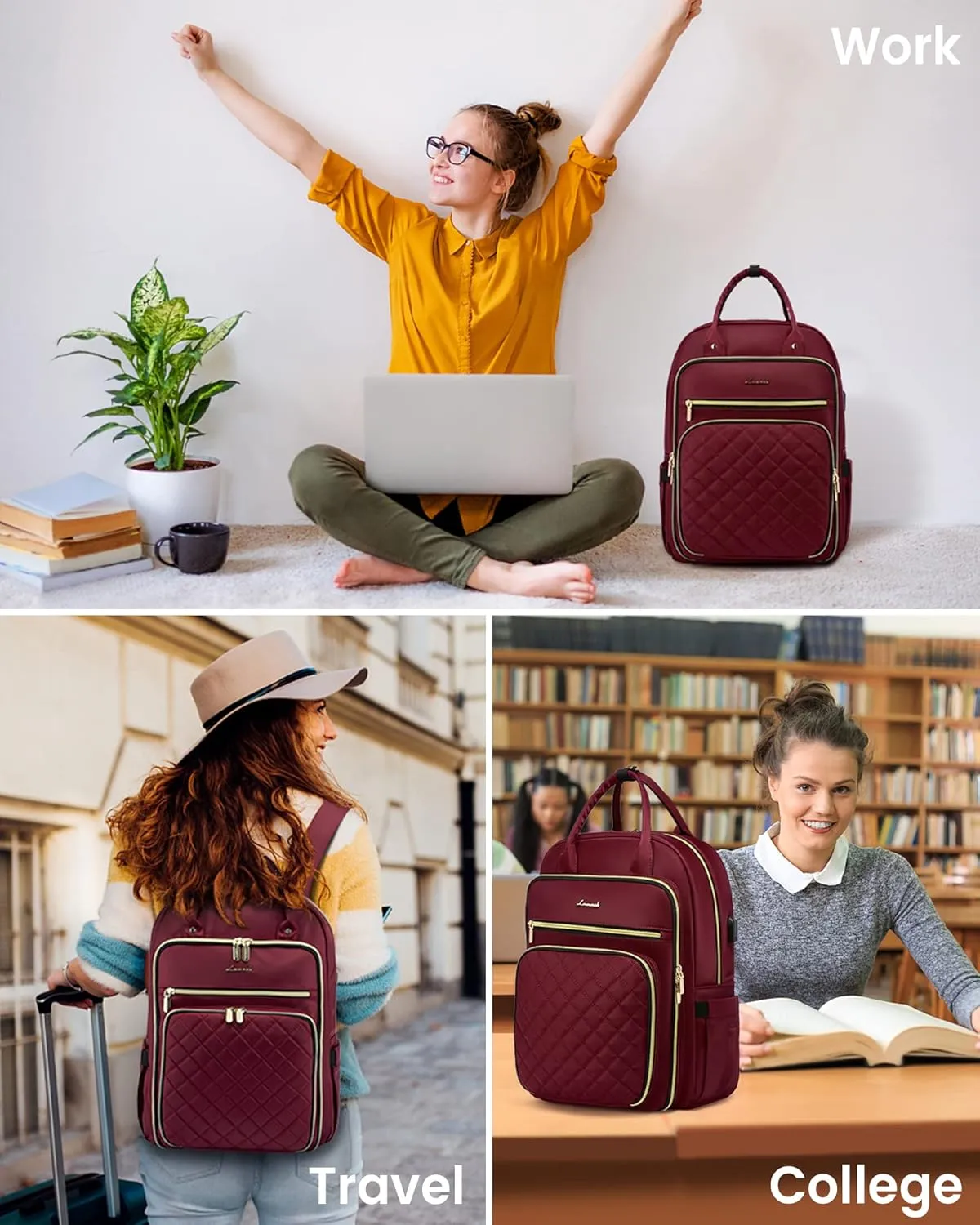 LOVEVOOK Laptop Backpack for Women, 15.6 Inch, Wine, Stylish, Ample Space, Water Resistant, USB Charging, Quilted, Lightweight, Secure Laptop Storage, Guaranteed Quality