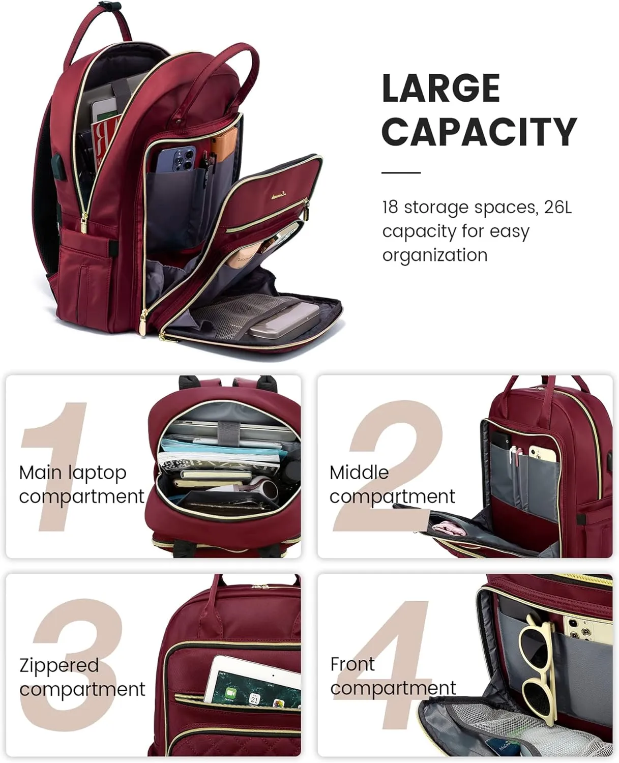 LOVEVOOK Laptop Backpack for Women, 15.6 Inch, Wine, Stylish, Ample Space, Water Resistant, USB Charging, Quilted, Lightweight, Secure Laptop Storage, Guaranteed Quality