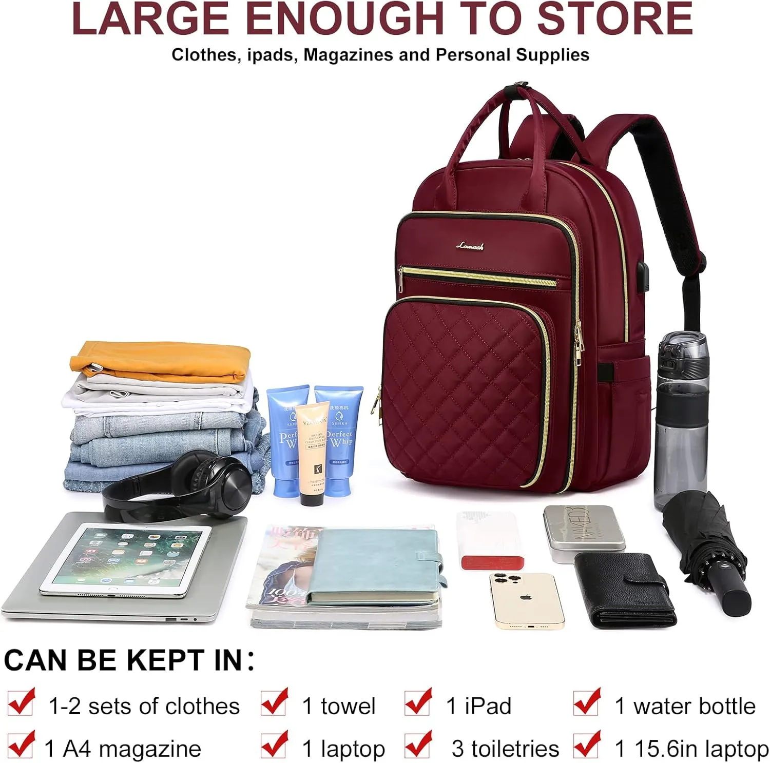 LOVEVOOK Laptop Backpack for Women, 15.6 Inch, Wine, Stylish, Ample Space, Water Resistant, USB Charging, Quilted, Lightweight, Secure Laptop Storage, Guaranteed Quality