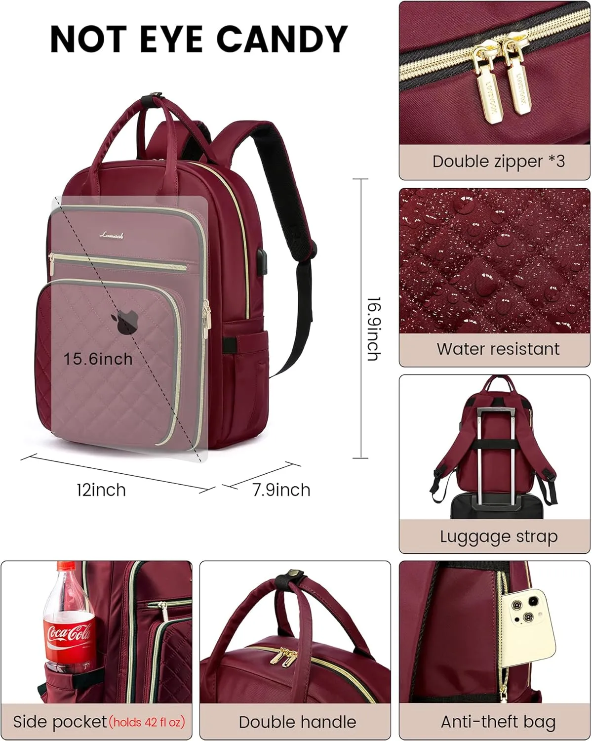 LOVEVOOK Laptop Backpack for Women, 15.6 Inch, Wine, Stylish, Ample Space, Water Resistant, USB Charging, Quilted, Lightweight, Secure Laptop Storage, Guaranteed Quality