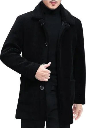 Men Winter Sherpa Trench Coats Cozy Warm Single Breasted Casual Jackets Notched Lapel Slim Fitted Long Sleeve Outwear