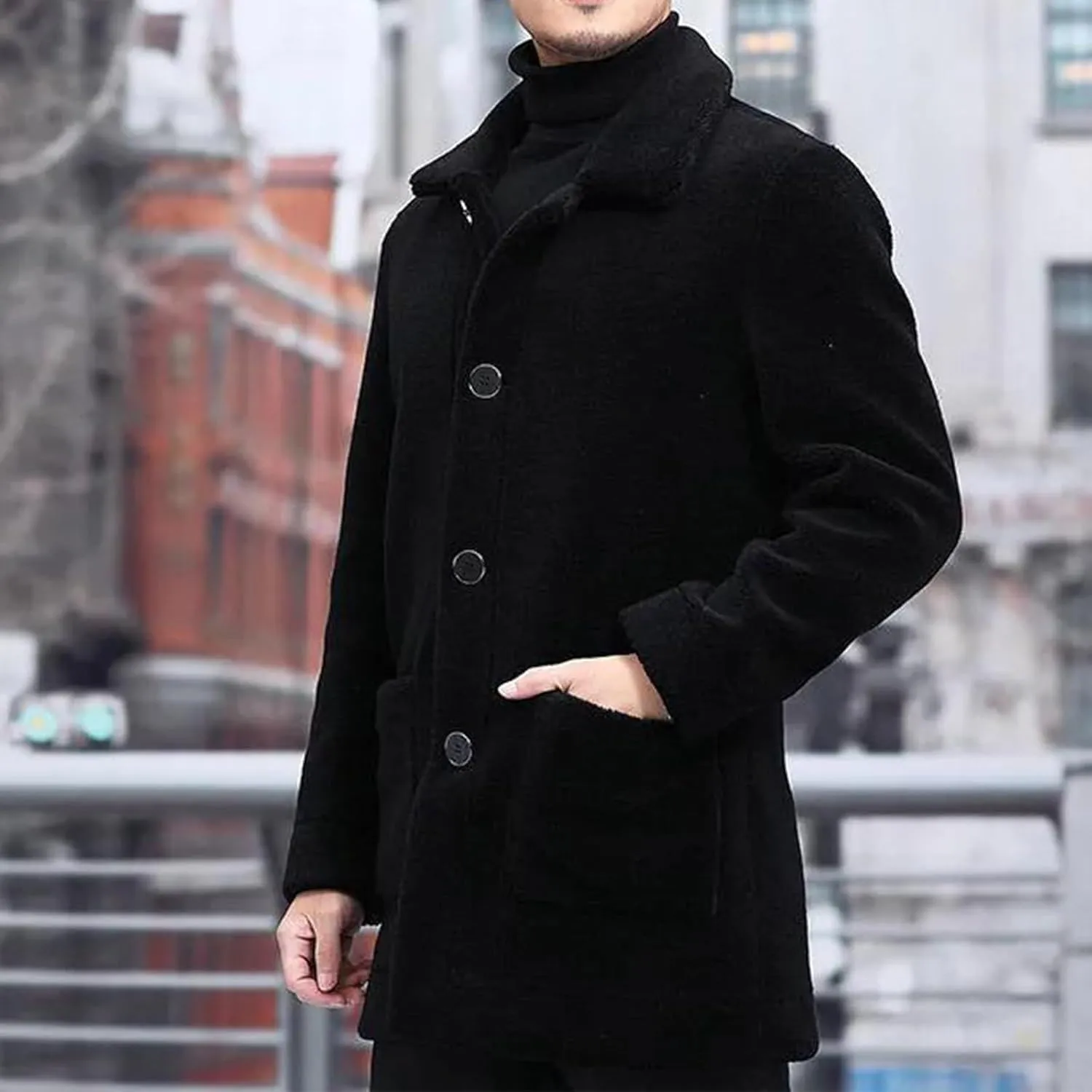 Men Winter Sherpa Trench Coats Cozy Warm Single Breasted Casual Jackets Notched Lapel Slim Fitted Long Sleeve Outwear