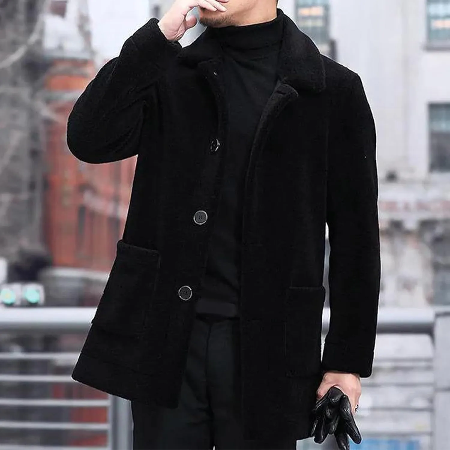 Men Winter Sherpa Trench Coats Cozy Warm Single Breasted Casual Jackets Notched Lapel Slim Fitted Long Sleeve Outwear