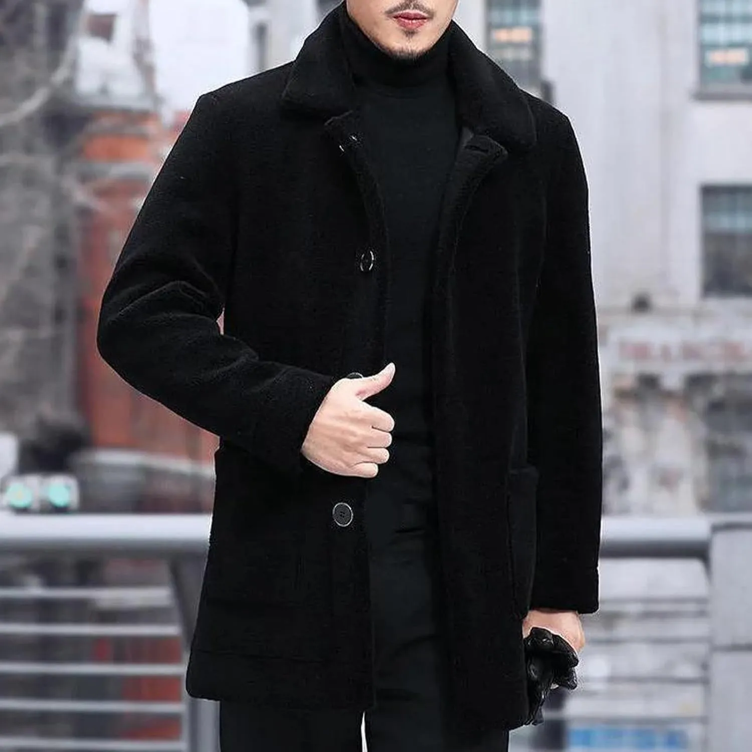 Men Winter Sherpa Trench Coats Cozy Warm Single Breasted Casual Jackets Notched Lapel Slim Fitted Long Sleeve Outwear