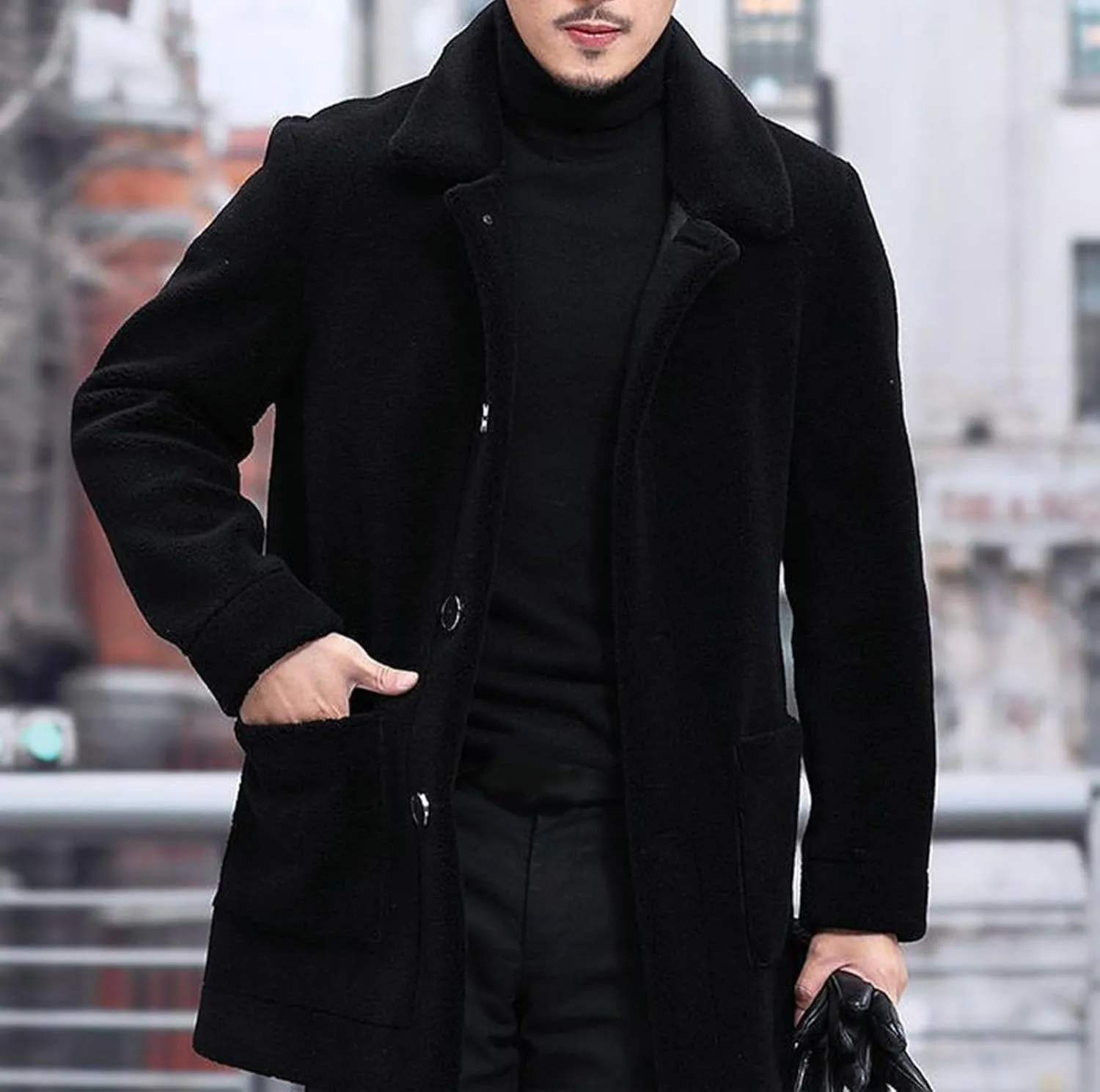 Men Winter Sherpa Trench Coats Cozy Warm Single Breasted Casual Jackets Notched Lapel Slim Fitted Long Sleeve Outwear