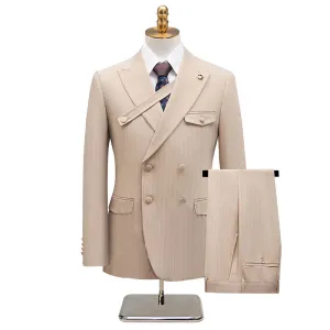 Men's 2-Piece Collar with Decorative Stripe Champagne Casual Suit