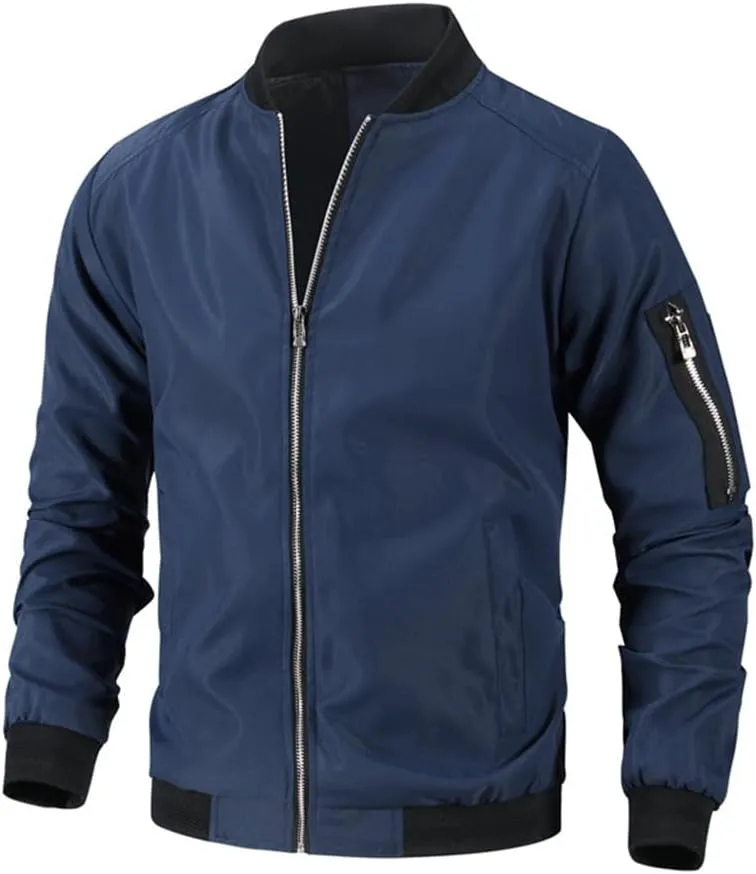 Men's Bomber Jacket Lightweight Casual Windbreaker Comfortable Zip Up Fitted Baseball Jacket with Pockets