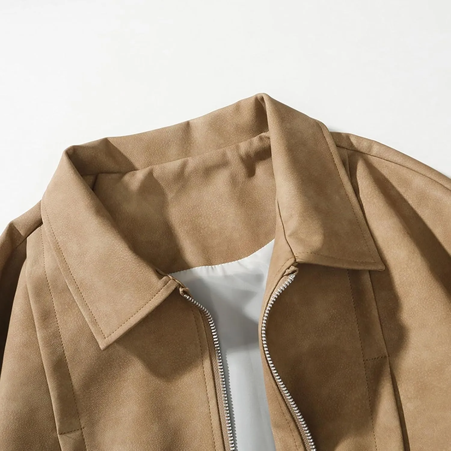 Men's Fashion Loose Fitted Coats Long Sleeve Hoodless Jackets Classic Lapel Leather Jackets Zipper Side Pockets Tops