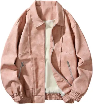 Men's Fashion Loose Fitted Coats Long Sleeve Hoodless Jackets Classic Lapel Leather Jackets Zipper Side Pockets Tops