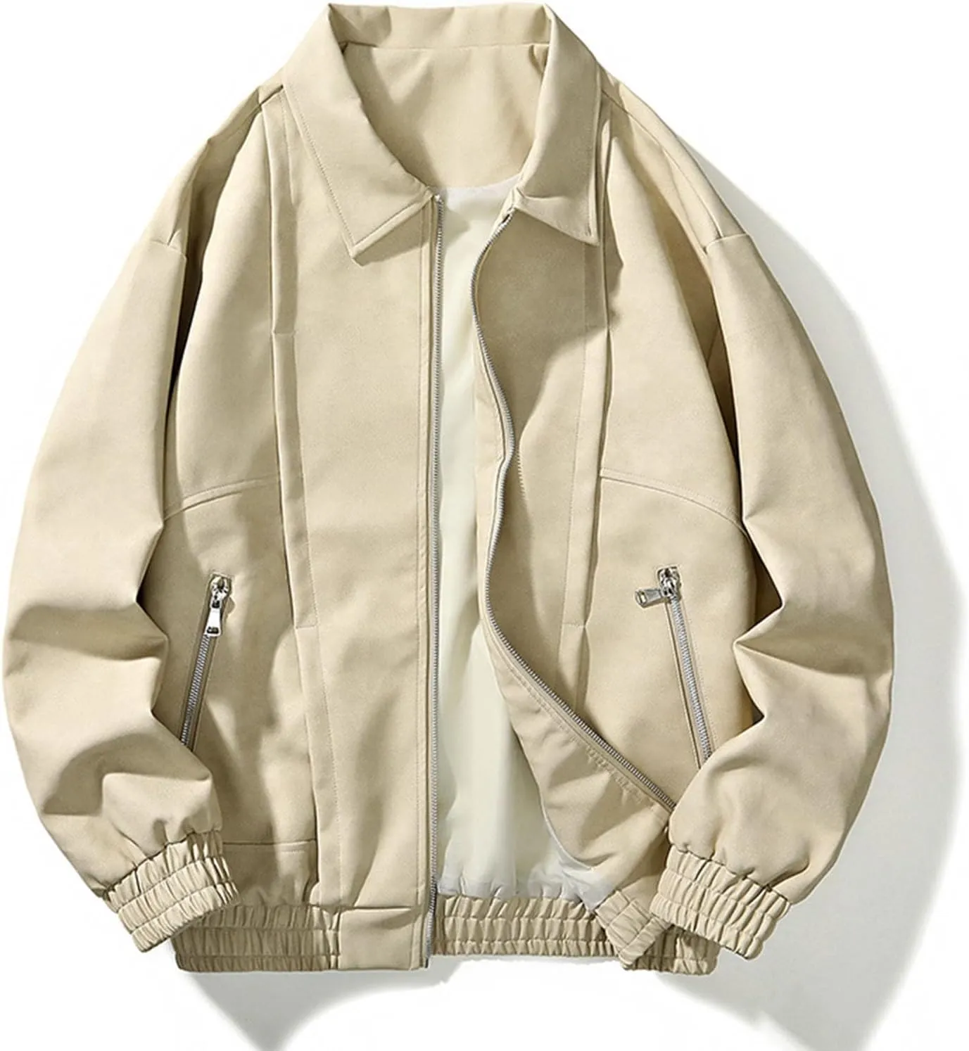 Men's Fashion Loose Fitted Coats Long Sleeve Hoodless Jackets Classic Lapel Leather Jackets Zipper Side Pockets Tops