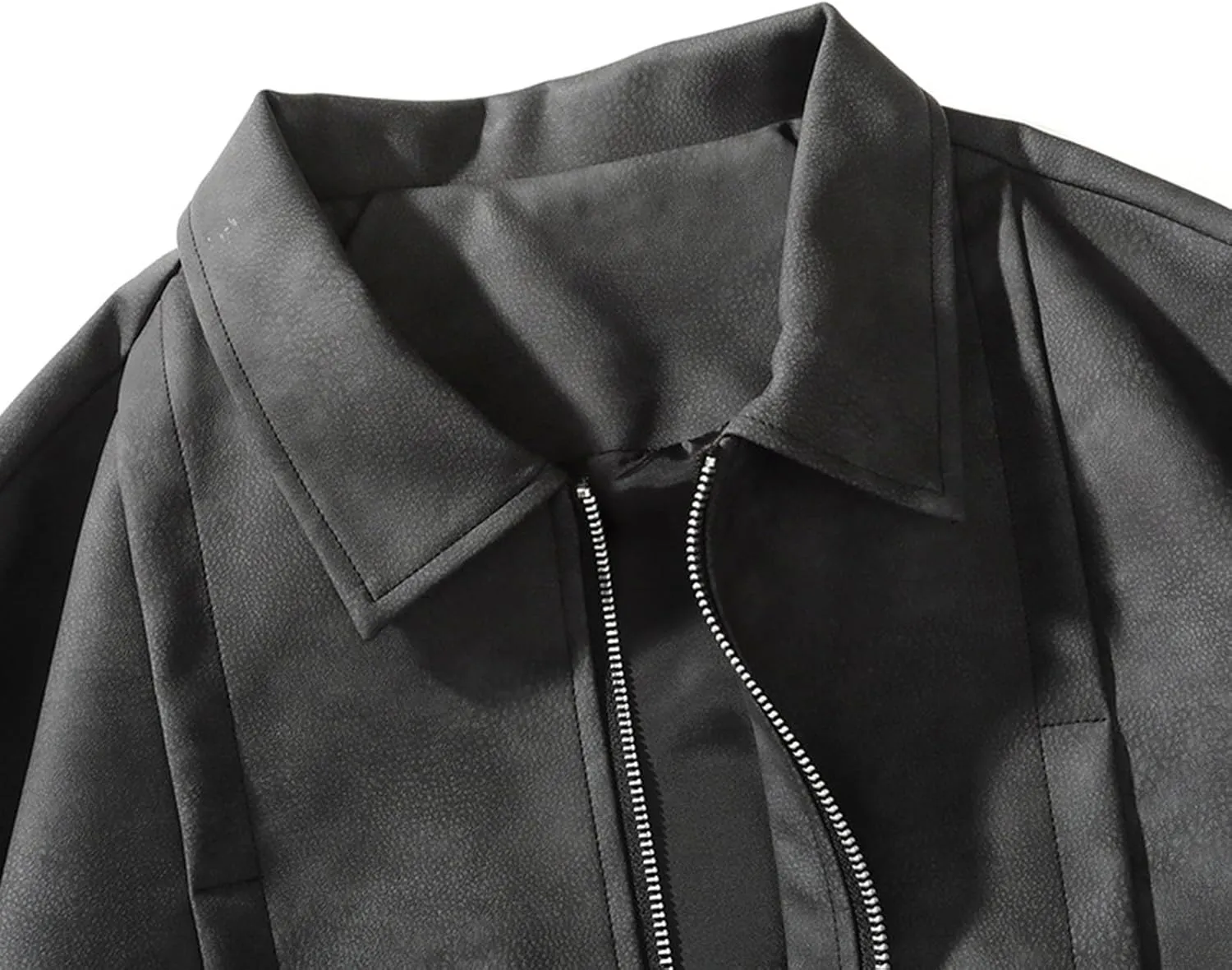 Men's Fashion Loose Fitted Coats Long Sleeve Hoodless Jackets Classic Lapel Leather Jackets Zipper Side Pockets Tops