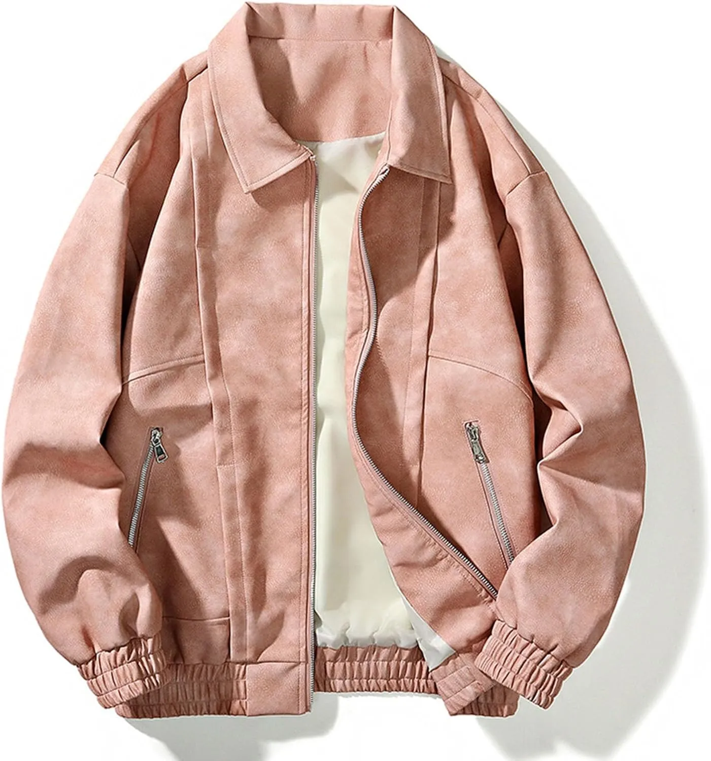 Men's Fashion Loose Fitted Coats Long Sleeve Hoodless Jackets Classic Lapel Leather Jackets Zipper Side Pockets Tops