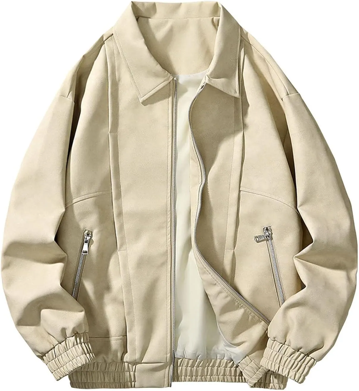Men's Fashion Loose Fitted Coats Long Sleeve Hoodless Jackets Classic Lapel Leather Jackets Zipper Side Pockets Tops