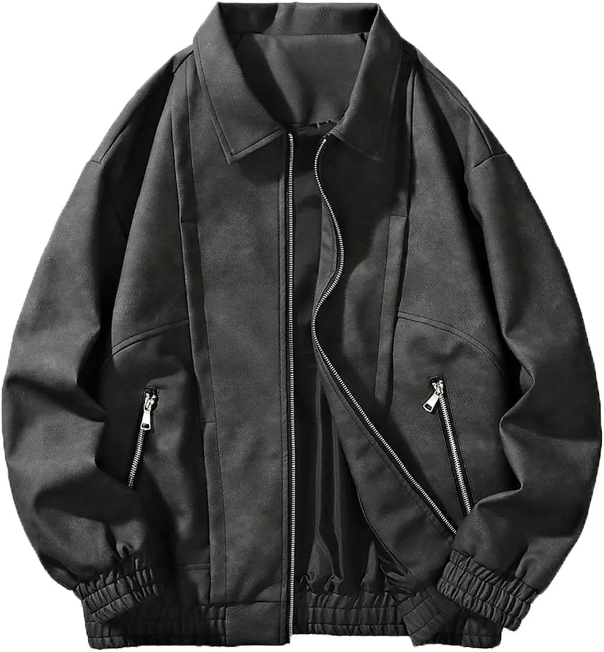 Men's Fashion Loose Fitted Coats Long Sleeve Hoodless Jackets Classic Lapel Leather Jackets Zipper Side Pockets Tops