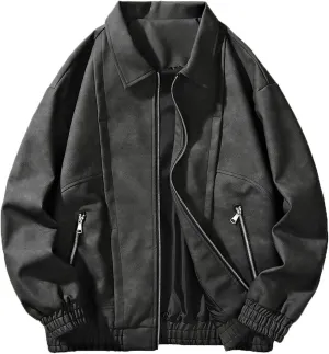 Men's Fashion Loose Fitted Coats Long Sleeve Hoodless Jackets Classic Lapel Leather Jackets Zipper Side Pockets Tops
