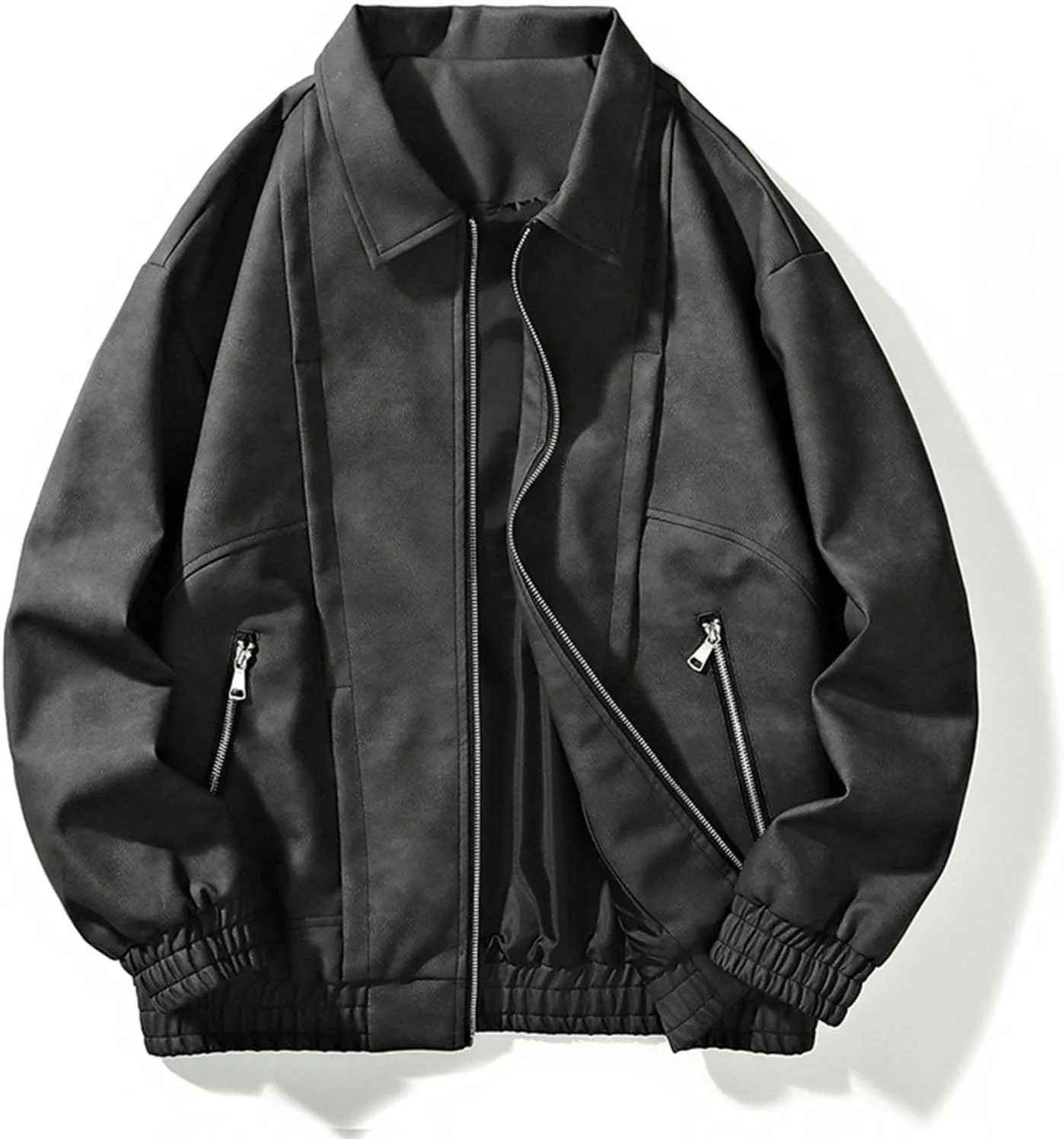Men's Fashion Loose Fitted Coats Long Sleeve Hoodless Jackets Classic Lapel Leather Jackets Zipper Side Pockets Tops