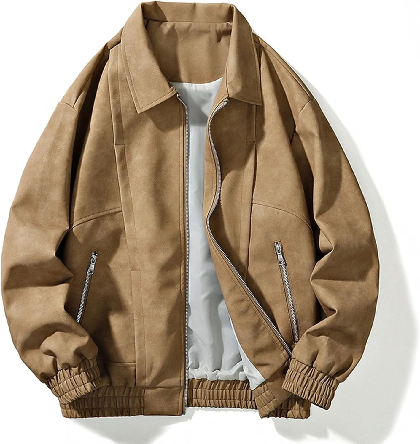 Men's Fashion Loose Fitted Coats Long Sleeve Hoodless Jackets Classic Lapel Leather Jackets Zipper Side Pockets Tops