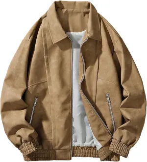 Men's Fashion Loose Fitted Coats Long Sleeve Hoodless Jackets Classic Lapel Leather Jackets Zipper Side Pockets Tops