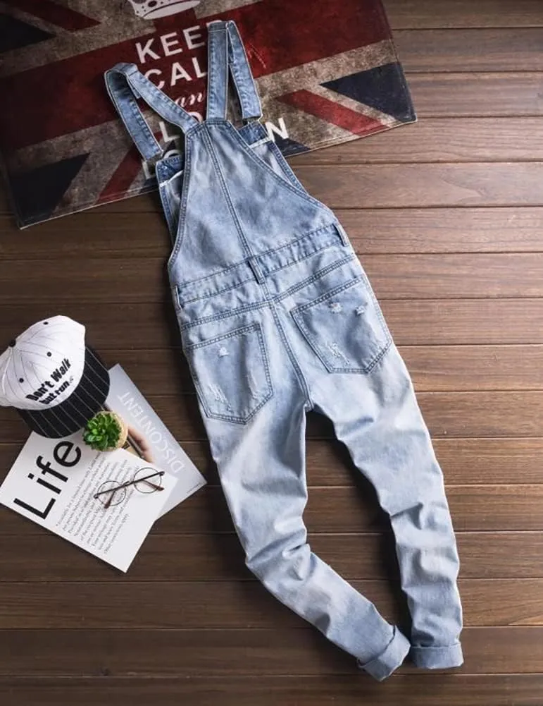 Men's Light Blue Slim Snow Washed Denim Bib Overalls