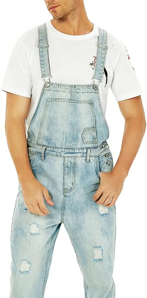 Men's Light Blue Slim Snow Washed Denim Bib Overalls