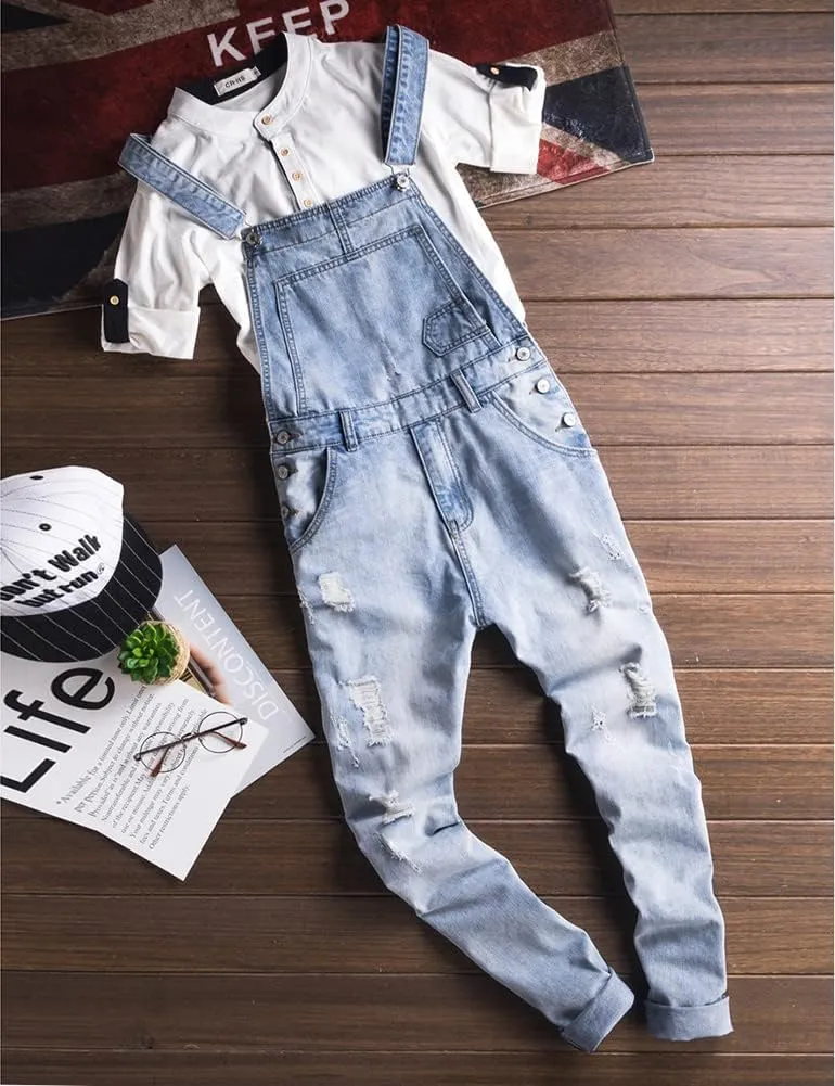 Men's Light Blue Slim Snow Washed Denim Bib Overalls