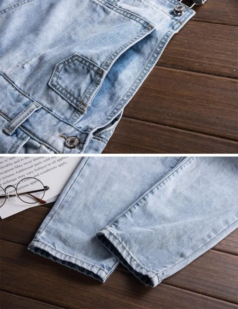 Men's Light Blue Slim Snow Washed Denim Bib Overalls