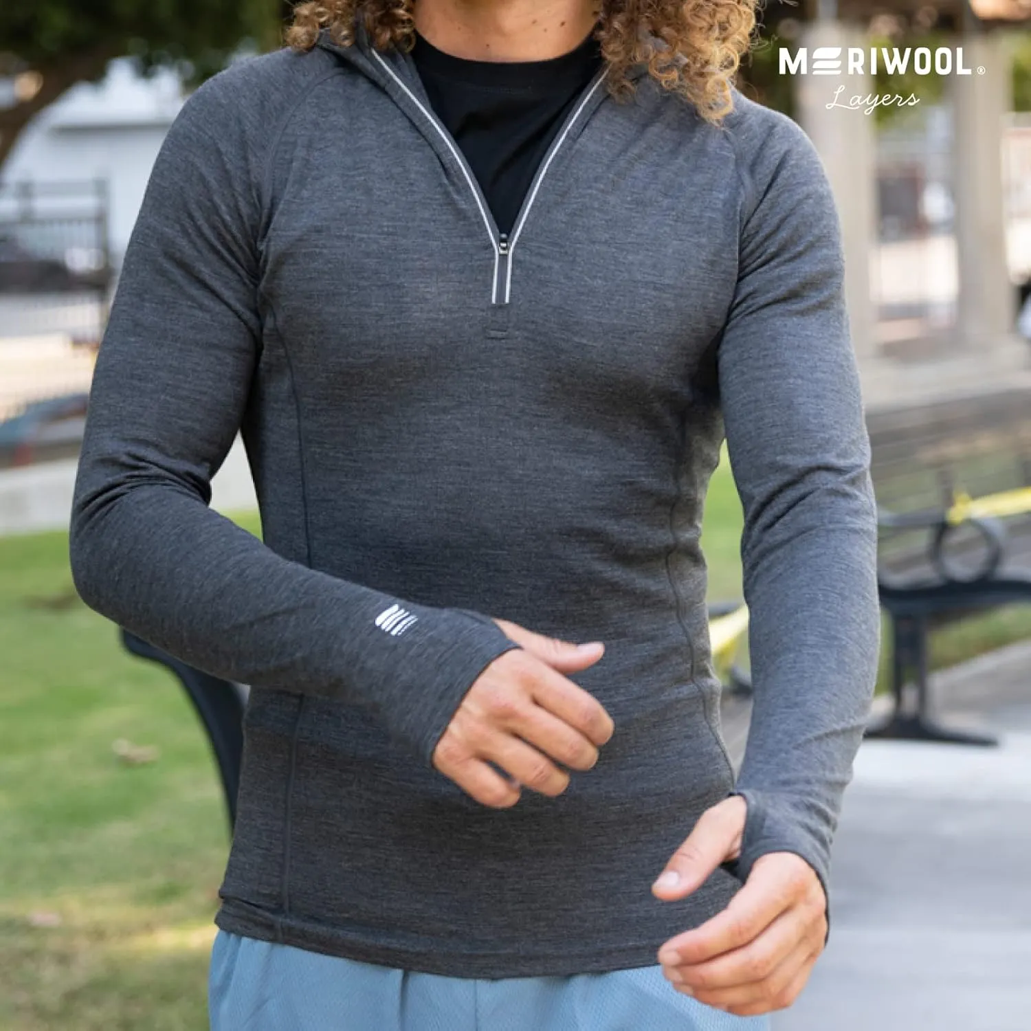 MERIWOOL Mens Base Layer Hoodie Lightweight Merino Wool Long Sleeve Thermal