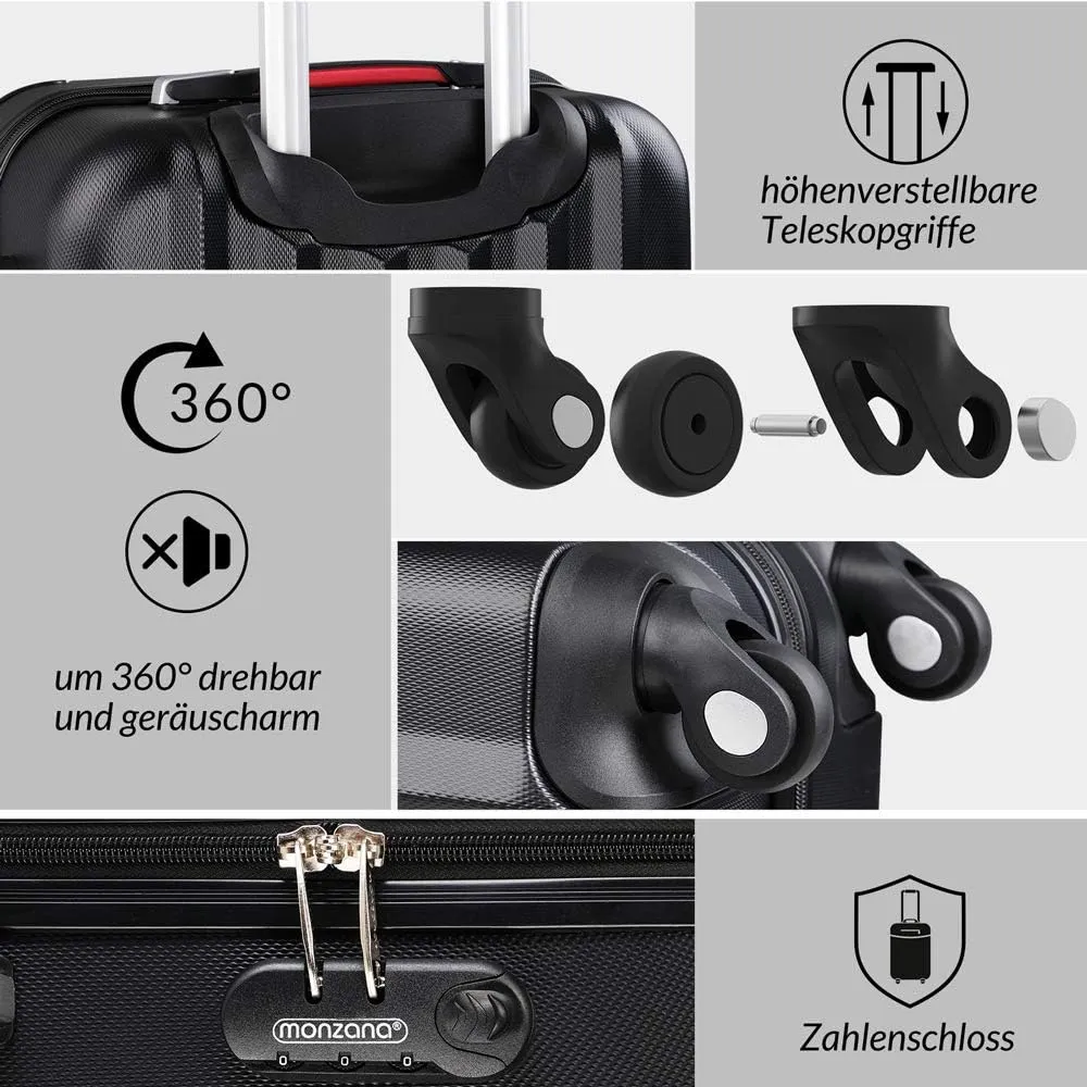 MONZANA Baseline Hard Shell Suitcase Medium | Hand Luggage | ABS Hard Case Housing | 4X Rubberised 360 Spinner Wheels | Telescopic Handle | Secure Combination Lock Hardcase Hardshell Trolley Black,