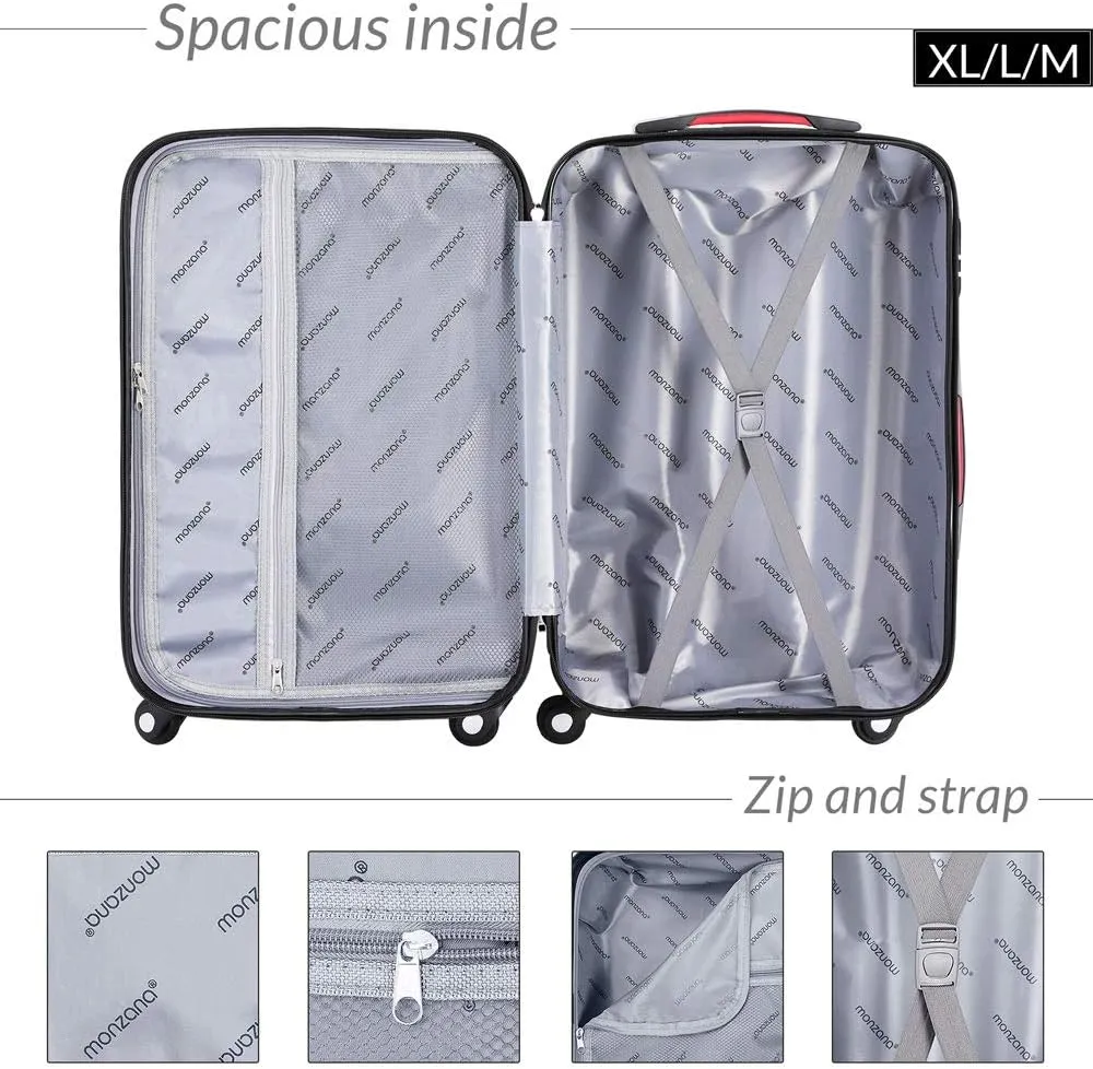 MONZANA Baseline Hard Shell Suitcase Medium | Hand Luggage | ABS Hard Case Housing | 4X Rubberised 360 Spinner Wheels | Telescopic Handle | Secure Combination Lock Hardcase Hardshell Trolley Black,