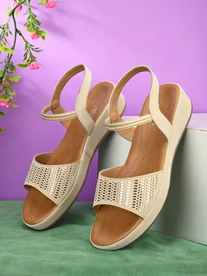 PELLE ALBERO Women Beige Slip-On Flatform Heels Sandal