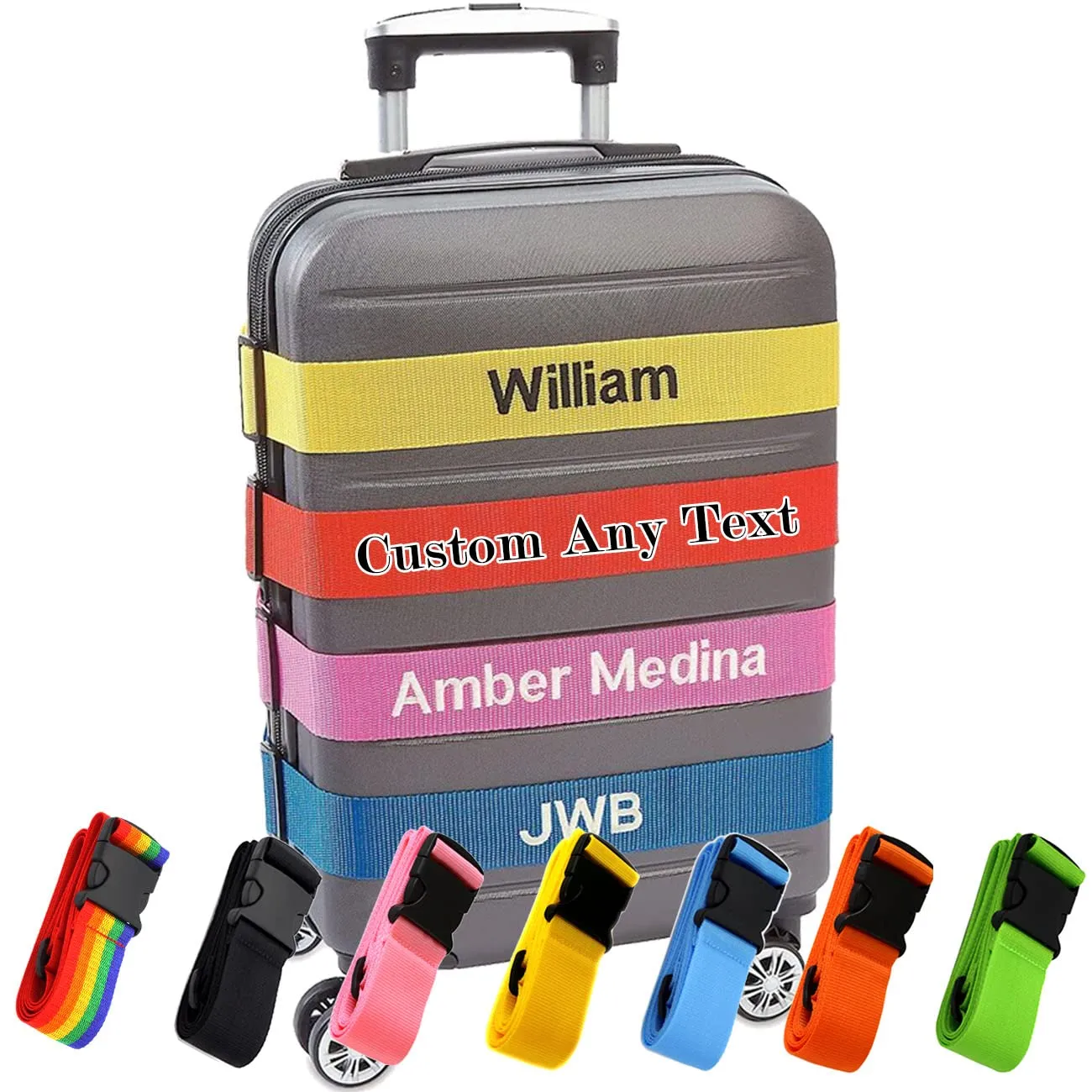 Personalized Luggage Straps, Customized Suitcase Belt Embroidered Name/Text, Secure Bag Adjustable Suitcases Band Gifts for Business Traveler - 13 Colors - Adjusts from 38" to 74"