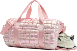Quilted Duffel Bag for Women, Puffer Gym Duffle Bag with Shoe Compartment Lightweight Large Crossbody Sport Travel Bag Tote Pink Abalone