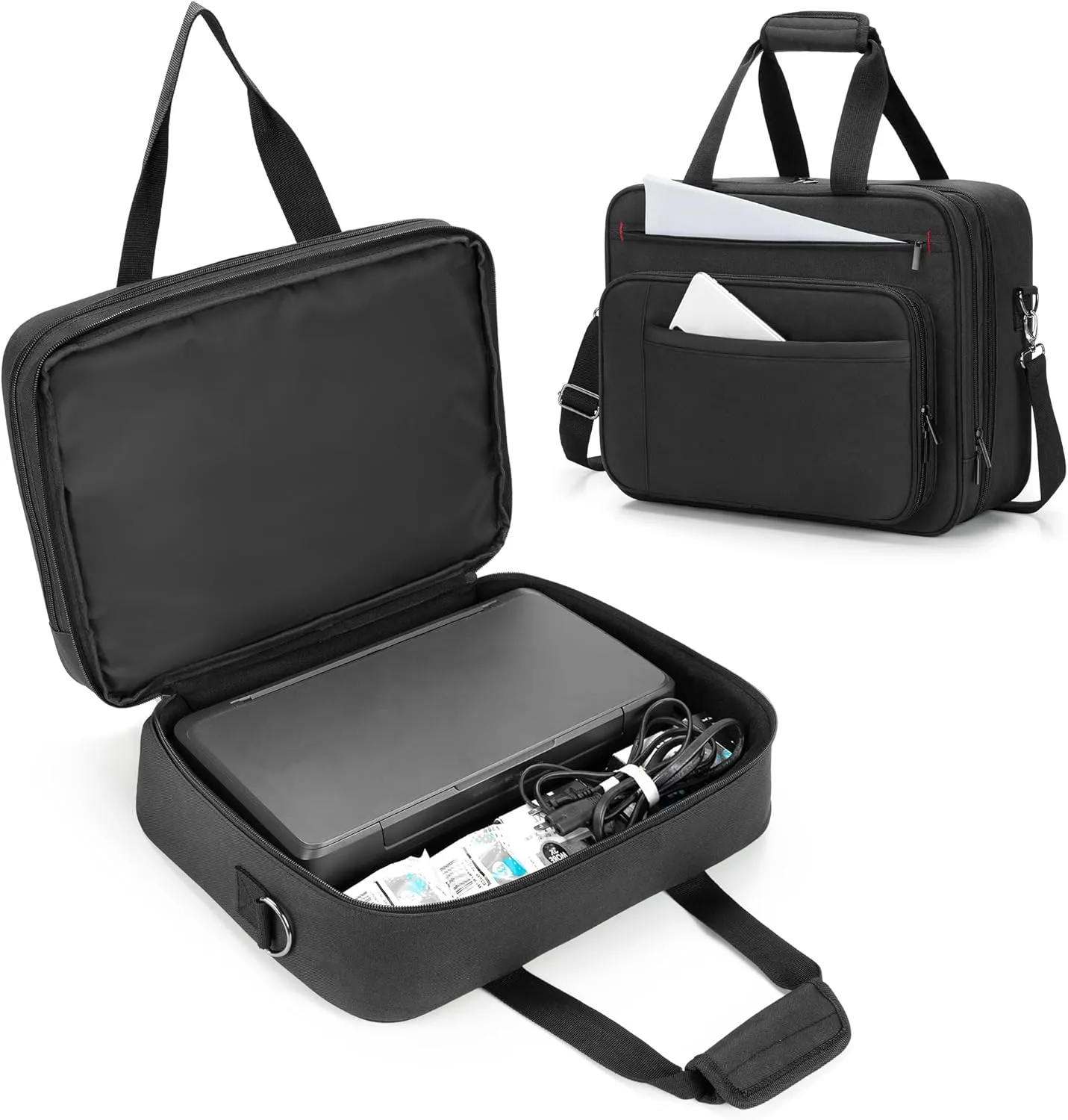 samdew Double-layer Portable Mobile Printer Storage Bag Compatible with HP Tango/Tango X, HP Officejet 250/200, Printer Carrying Case with 15.6" Laptop Layer, Shoulder & Trolley Strap, Bag Only