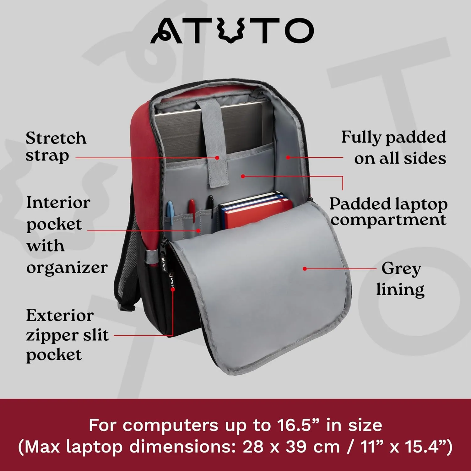 Slim Laptop Backpack for Men with 16 inch Laptop Compartment - Business Work Backpack for Men with Luggage Strap and Trolley Sleeve - Airflow Back, Fully Padded (Red)