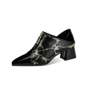 TinaCus Women's Pointed Toe Genuine Leather Handmade Front Zipper Low Chunky Heels Stylish Pumps Shoes