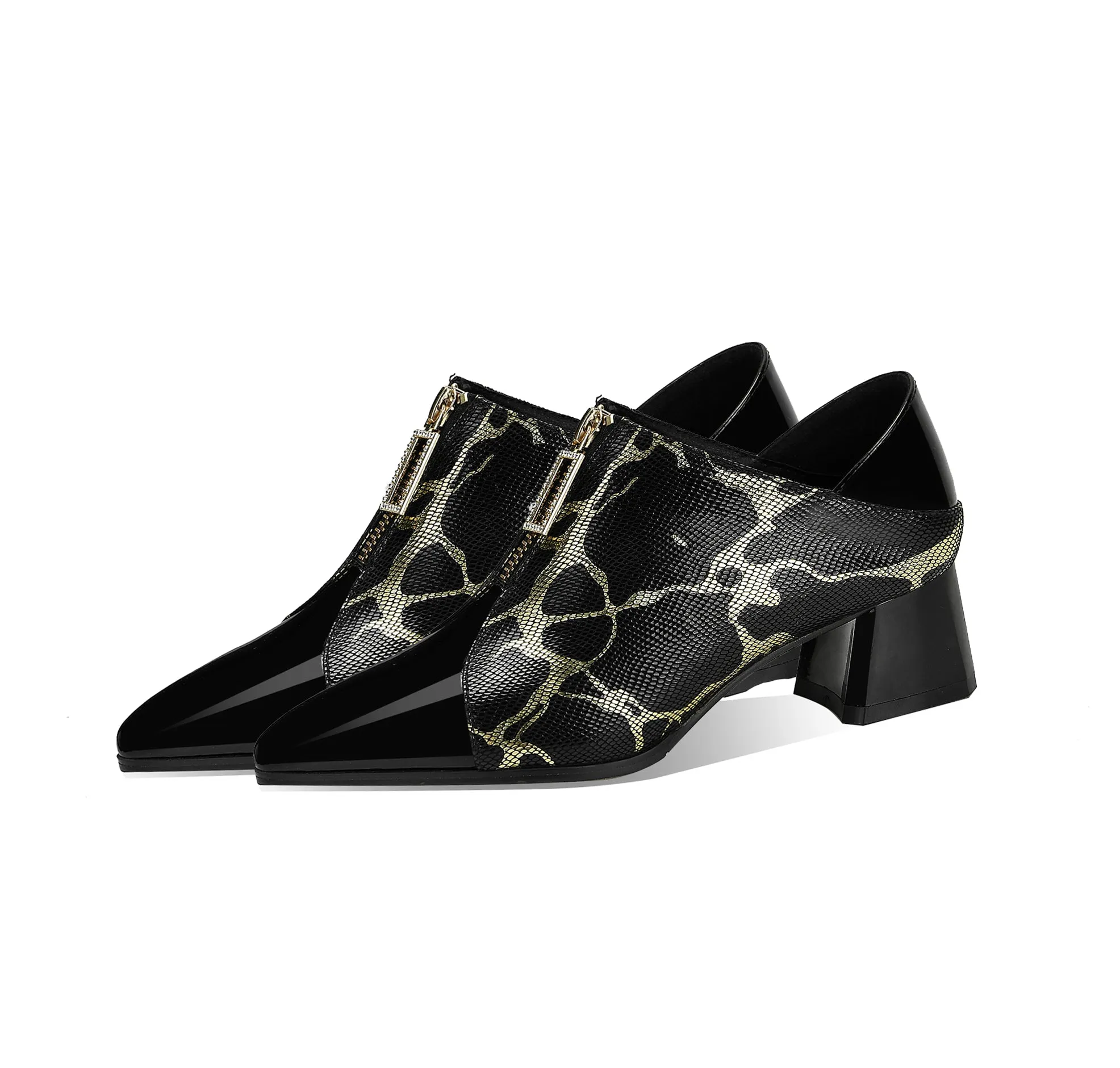 TinaCus Women's Pointed Toe Genuine Leather Handmade Front Zipper Low Chunky Heels Stylish Pumps Shoes