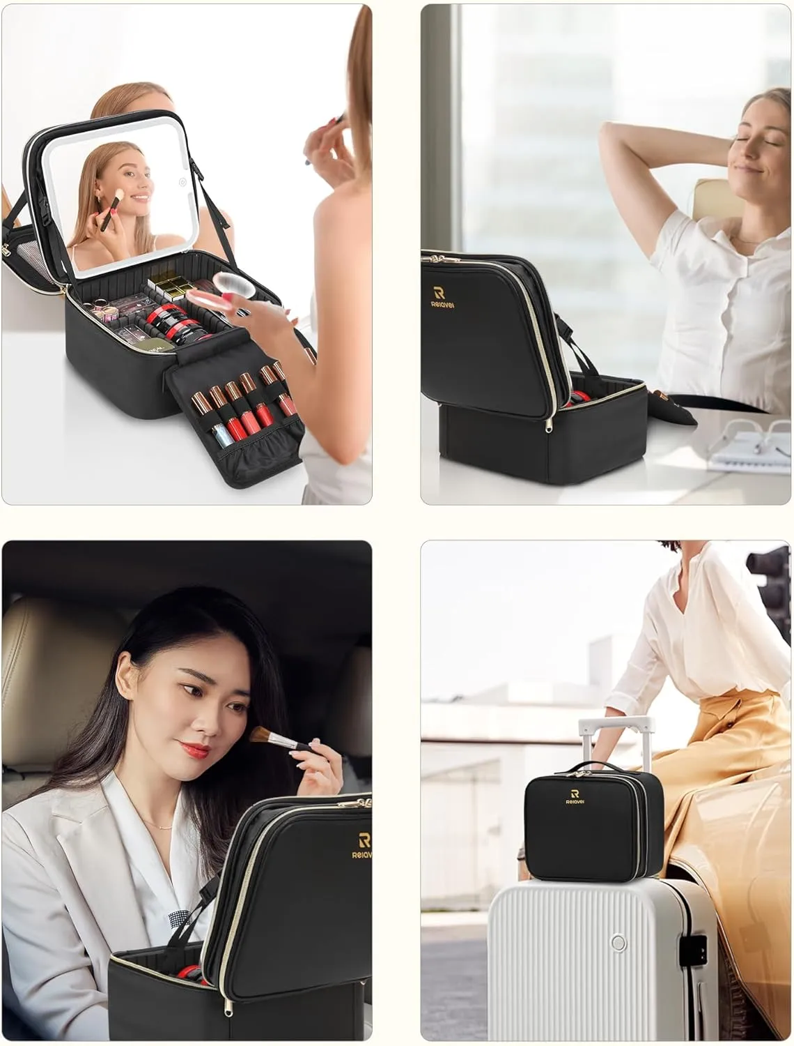 Travel Makeup Bag with LED Mirror Double Layer Makeup Case with Lighted Mirror Dual Layer Cosmetic Train Case Portable Artist Organizer Bag with Dividers and Rechargeable Vanity (Black, Small)