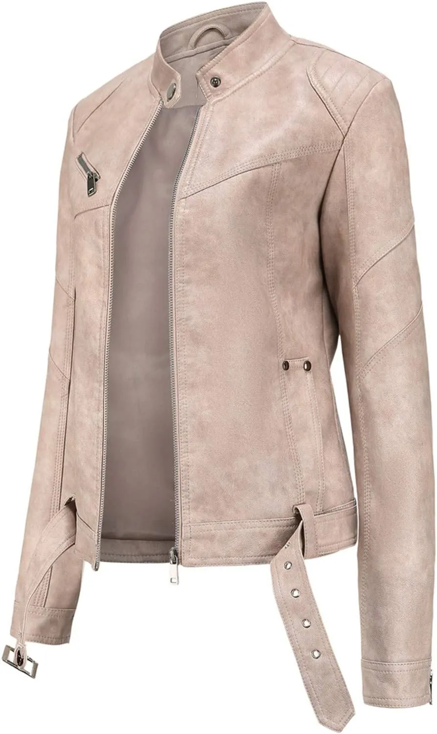 tuduoms Women Faux Leather Casual Jackets Fashion Vintage Zip Up Motorcycle Short Leather Moto Biker Outwear Fitted Slim Coat