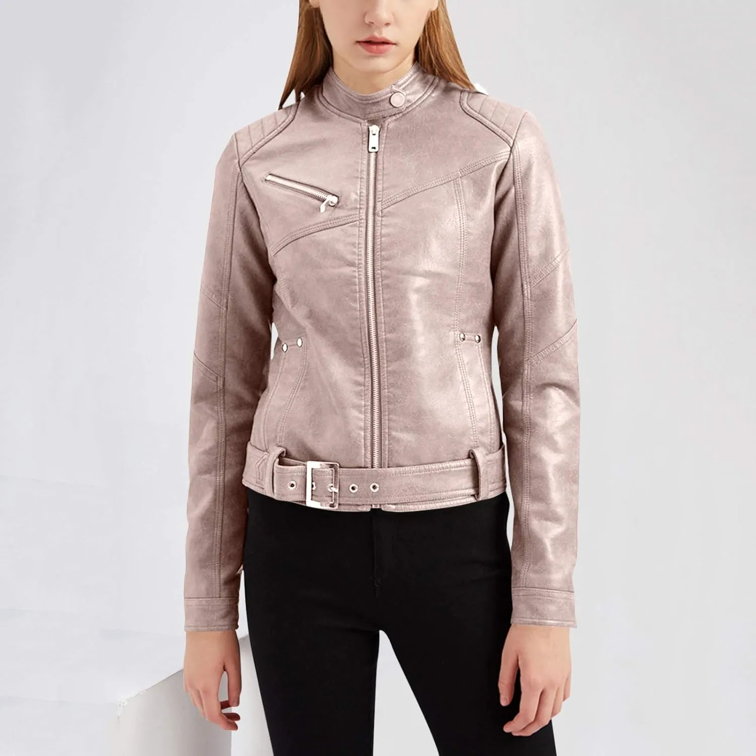 tuduoms Women Faux Leather Casual Jackets Fashion Vintage Zip Up Motorcycle Short Leather Moto Biker Outwear Fitted Slim Coat