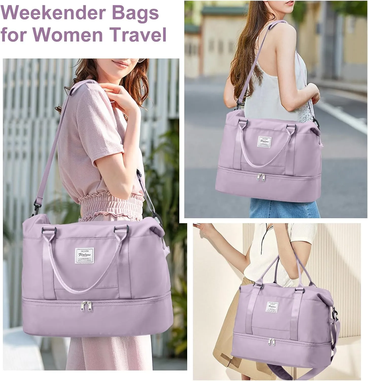 Weekender Bags for Women, Travel Duffel Bags with Shoe Compartment,Personal Item Travel Bag for Airlines, Carry on Overnight Tote Bag for women with Toiletry Bag, Light Purple