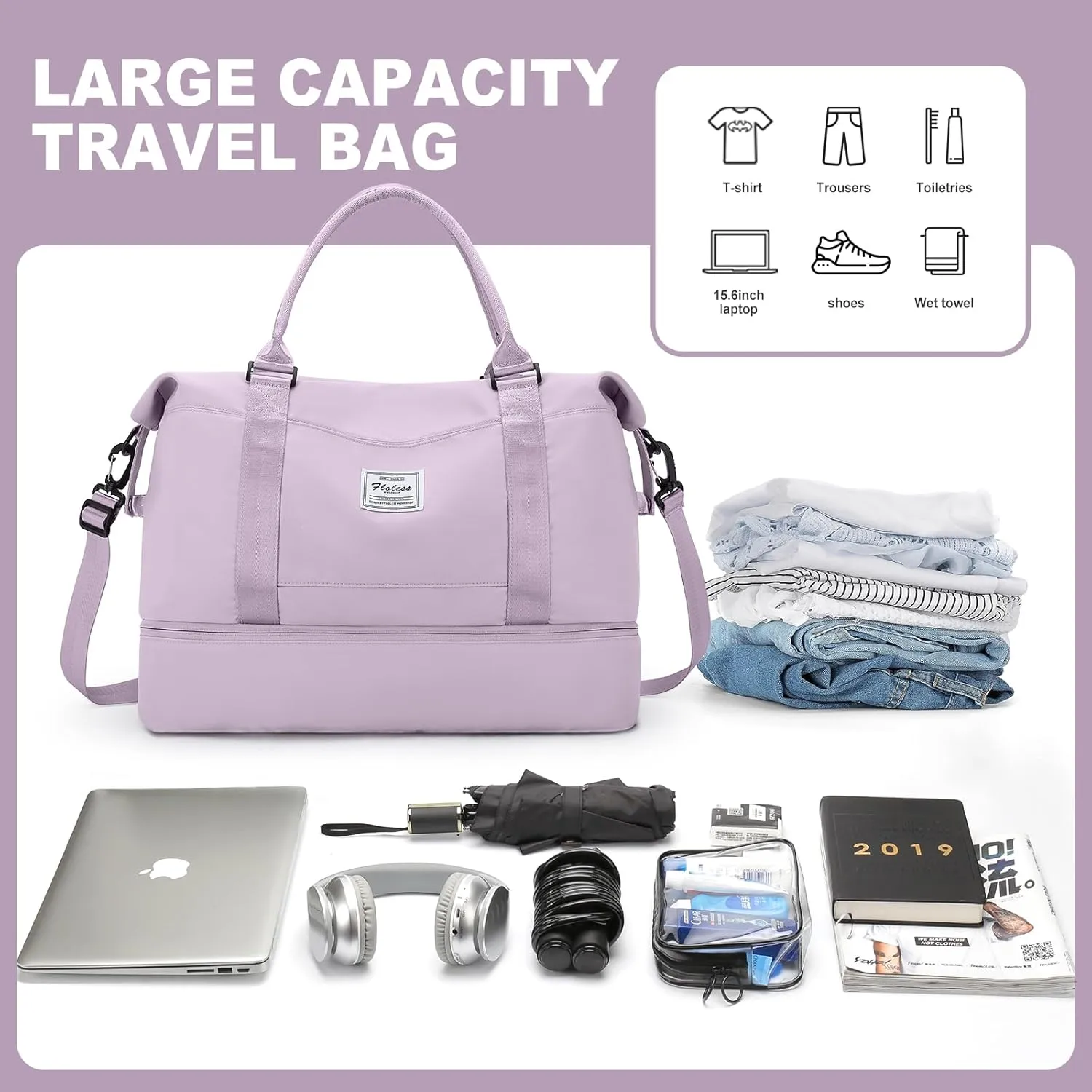 Weekender Bags for Women, Travel Duffel Bags with Shoe Compartment,Personal Item Travel Bag for Airlines, Carry on Overnight Tote Bag for women with Toiletry Bag, Light Purple