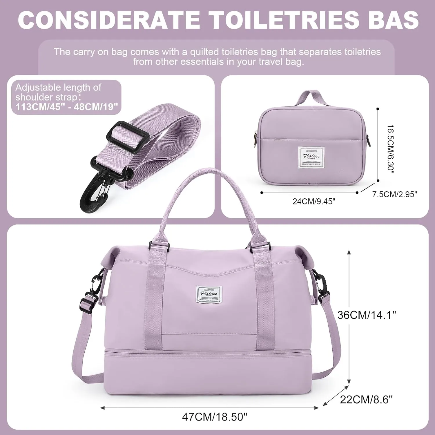 Weekender Bags for Women, Travel Duffel Bags with Shoe Compartment,Personal Item Travel Bag for Airlines, Carry on Overnight Tote Bag for women with Toiletry Bag, Light Purple