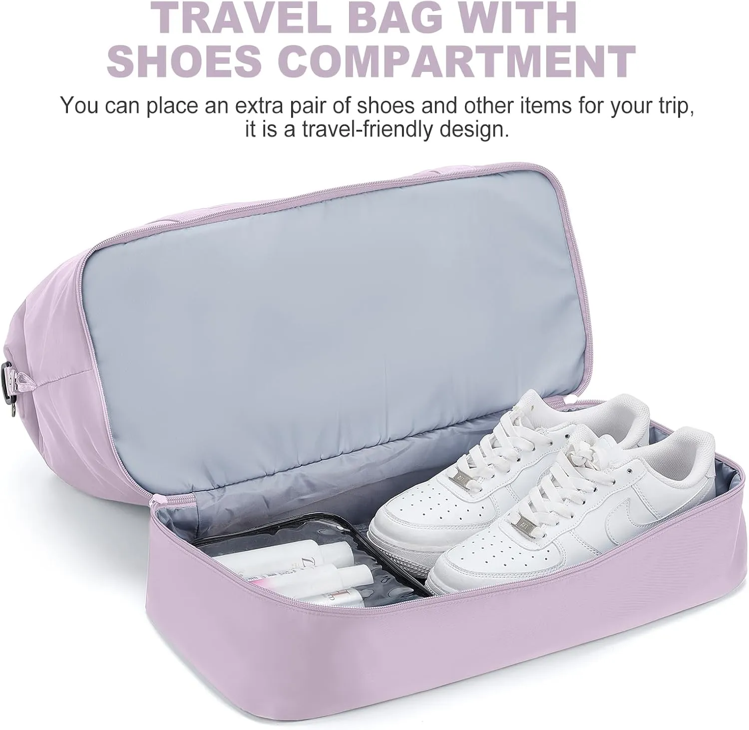 Weekender Bags for Women, Travel Duffel Bags with Shoe Compartment,Personal Item Travel Bag for Airlines, Carry on Overnight Tote Bag for women with Toiletry Bag, Light Purple