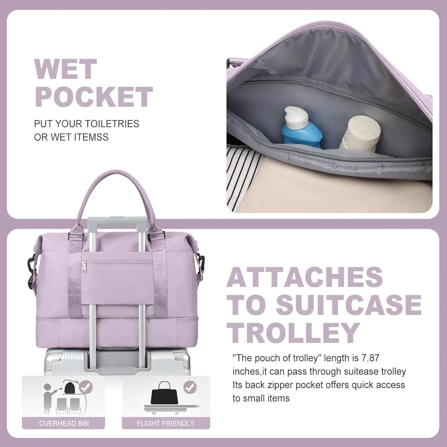 Weekender Bags for Women, Travel Duffel Bags with Shoe Compartment,Personal Item Travel Bag for Airlines, Carry on Overnight Tote Bag for women with Toiletry Bag, Light Purple