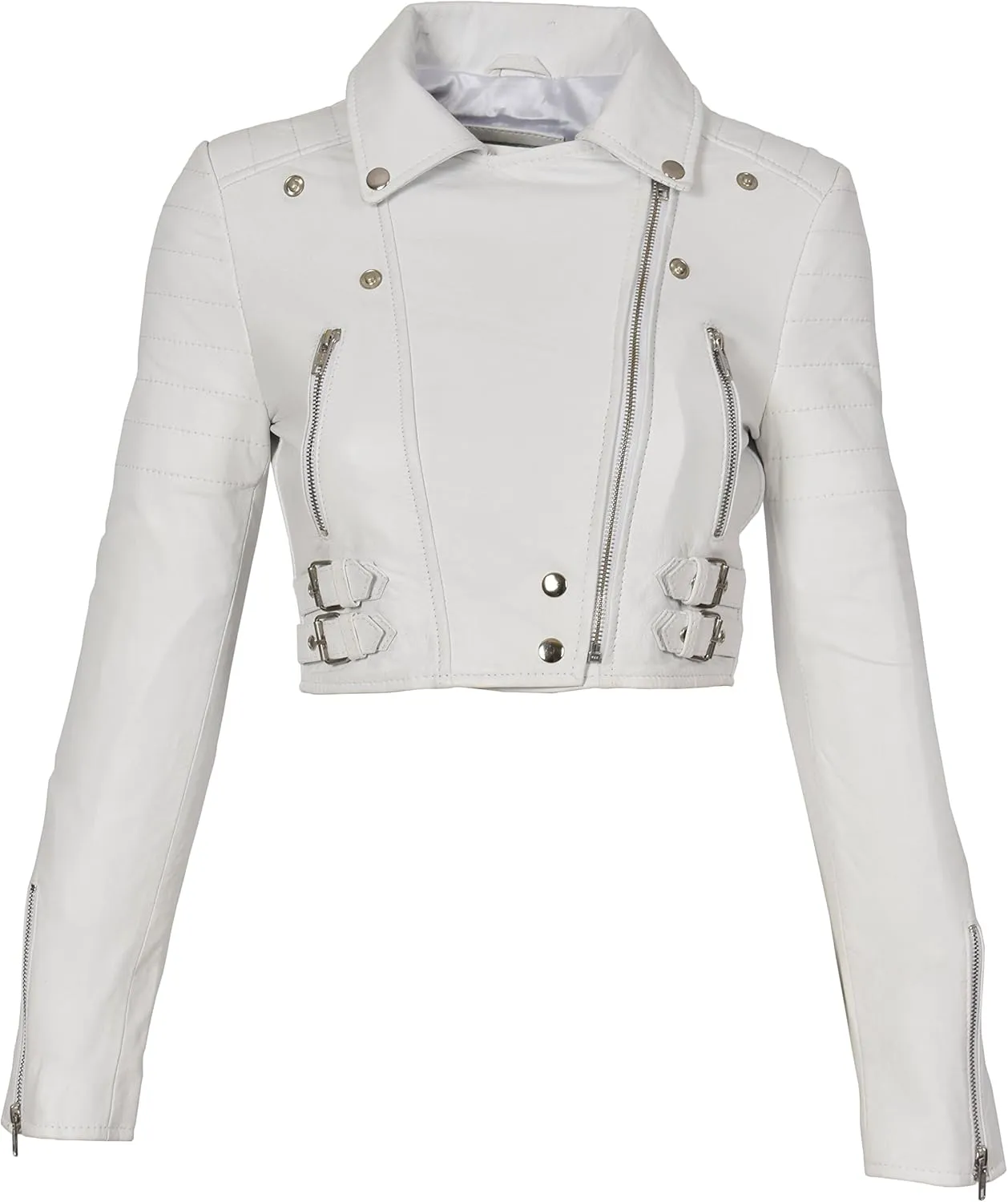 White Leather Womens Biker Jacket Short Cropped Fitted Bolero Bustier Coat Amanda